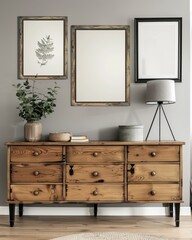 Mockup frame in farmhouse living room interior, 3d render