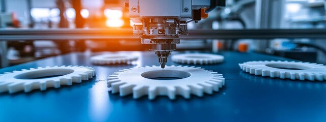 Close-up of a 3D Printer Creating a White Plastic Gear.Concept of Technological advancement,industrial revolution,innovation,automation,manufacturing,3D printing technology, manufacturing,engineering.