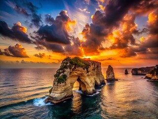 Fototapeta premium Captivating Silhouette of Pigeon Rock at Sunset: Iconic Landmark of Beirut, Lebanon Overlooking the Mediterranean Sea in a Stunning Display of Nature’s Beauty and Urban Charm