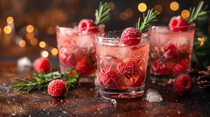 Winter season. Christmas pink drink raspberry with rosemary and ice
