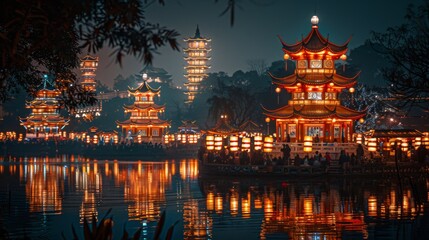 Fototapeta premium Chinese Lantern Festival. air of enchantment and wonder fills air as people gather to witness mesmerizing spectacle of thousands of illuminated lanterns adorning streets, parks, and waterways.