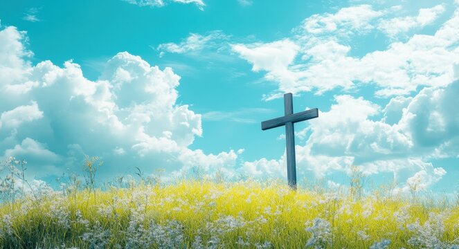 Faith Based. Cross on a Hill with Natural Sunlight, Outdoor Religious Christian Concept