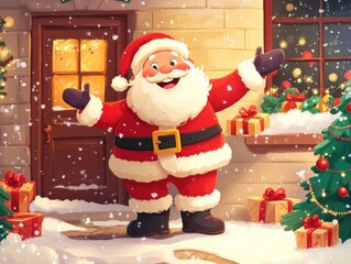 A cartoon-style depiction of Santa Claus on Christmas Day, with his signature red suit and fluffy white beard. Santa is joyfully delivering presents, his eyes twinkling with cheer. 