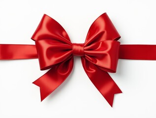 Red satin bow with ribbon isolated on a white background. Elegant gift decoration for holiday, celebration, or packaging design