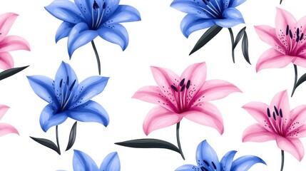 Fototapeta premium Vibrant Pink and Blue Lilies Blooming in Lush Garden Landscape