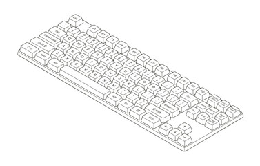 Outline isometric keyboard with letters and numpad in minimalistic volumetric style