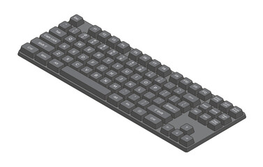 Black isometric keyboard with outline and letters and numpad in minimalistic volumetric style