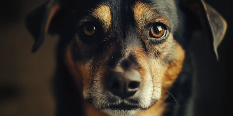 Close-up portrait of a brown and black dog with focused eyes