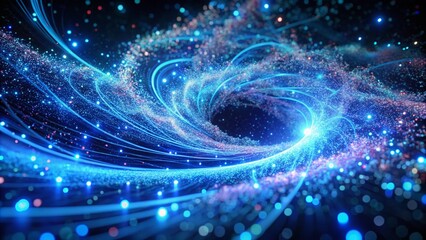 Breathtaking Aerial Photography of Neon Blue Particles Dancing in the Dark, Capturing the Essence of Digital Animation in Stunning 4K Clarity for Creative Projects