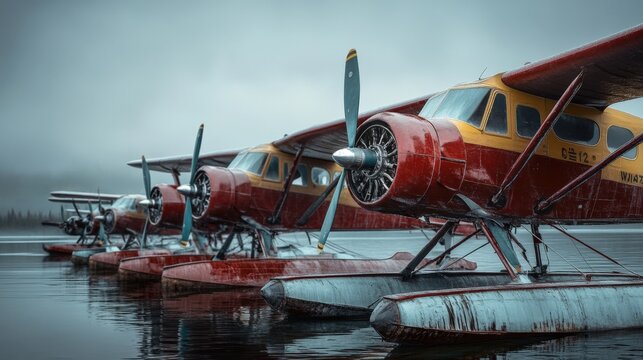 Float Planes: A Lineup of Vintage Biplane Aircraft on Water in Alaska