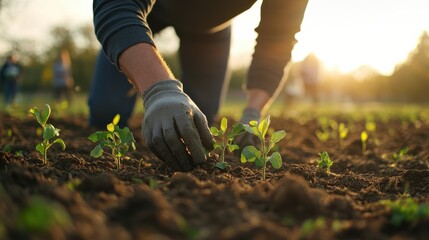 Planting seeds for a sustainable future community garden action in nature outdoor environment close-up view environmental stewardship