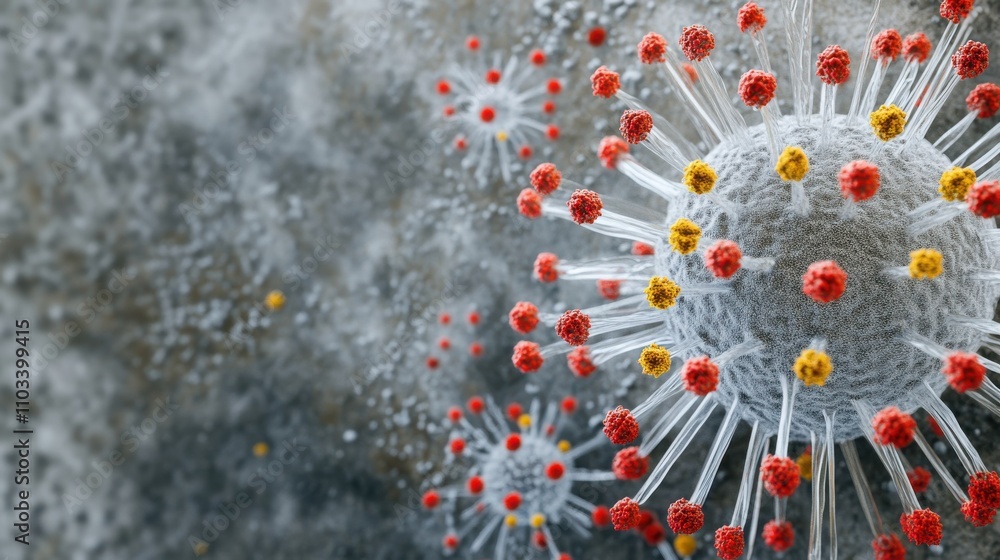 Poster detailed close-up view of a virus model showcasing its intricate structural components, featuring sp