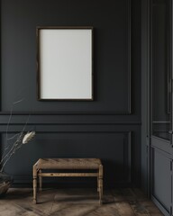 Mock-up frame in dark home interior with armchair and branch in vase, 3d render