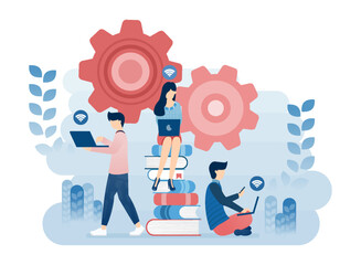 Online Learning With Internet and Laptop, Student Studying Around Pile of Book. Face of Education 4.0