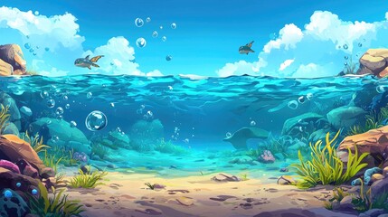 Underwater Scene with Fish, Bubbles, and Rocks