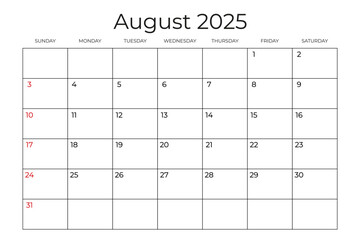 Printable Monthly Calendar template for August 2025. Week Starts on SUNDAY. Wall Calendar in a Minimalist Style. Simple and clean design. Ready to print. Vector illustration