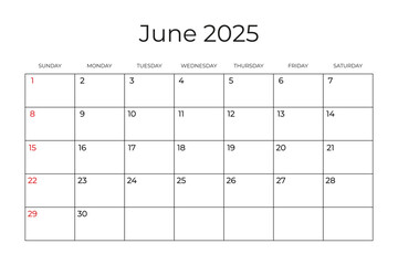 Printable Monthly Calendar template for June 2025. Week Starts on SUNDAY. Wall Calendar in a Minimalist Style. Simple and clean design. Ready to print. Vector illustration