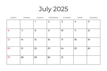 Printable Monthly Calendar template for July 2025. Week Starts on SUNDAY. Wall Calendar in a Minimalist Style. Simple and clean design. Ready to print. Vector illustration