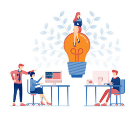 vector illustration of Creative brainstorming session in office space with professionals collaborating, finding new ideas and solutions symbolized by a light bulb flourish