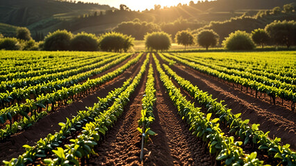 Morning sunlight illuminating coffe bean, with rows of vineyards stretching into the distance, capturing the essence of a fruitful harvest in a tranquil countryside