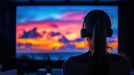 A person enjoying a colorful sunset on a screen while wearing headphones indoors.