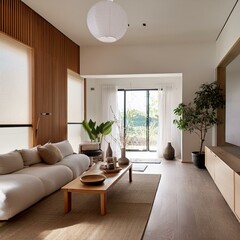 Fototapeta premium Modern Zen: Japandi Influence in a Minimalist Living Room