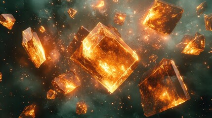 Obraz premium Floating Amber Crystals in a Cosmic Background with Glowing Effects