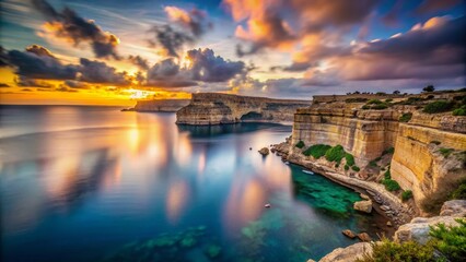 Obraz premium Breathtaking Long Exposure Capture of Malta's Stunning Mediterranean Coastline at Sunset, Showcasing Serene Waters and Majestic Cliffs for Travel and Landscape Photography Enthusiasts