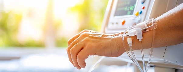 Kidney failure concept. Medical equipment connected to a patient's hand in a bright healthcare setting.