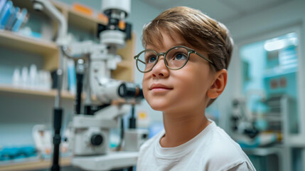 Little boy with glasses at the ophthalmologist�s office.