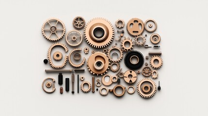 Assorted collection of bronze and black mechanical gears and components arranged on a light background, showcasing intricate industrial design and engineering elements.