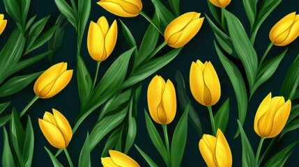 Obraz premium Vibrant Yellow Tulips Blooming in a Lush Spring Garden Landscape