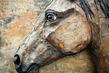 Close-up photo of textured horse head sculpture, showcasing intricate details and artistic...