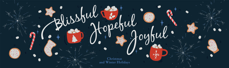Merry Christmas and Happy New Year greeting web banner or landing page. Winter background vector. Modern Xmas art doodle design with typography.