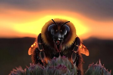 Obraz premium Bumblebee resting on a flower at sunset, creating a stunning silhouette against the vibrant orange sky, captured in a detailed macro photograph