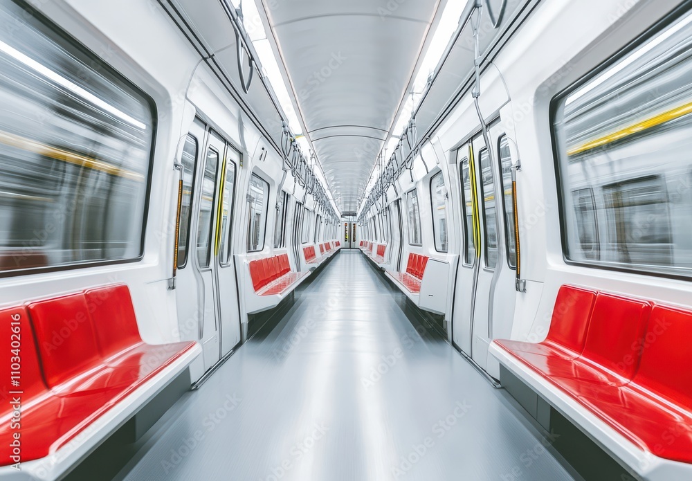 Poster empty subway train interior with red seats and modern design in an urban transit system, capturing t