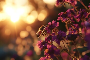 Honey bee approaching purple flowers during a beautiful sunset, collecting nectar and contributing to pollination, showcasing the beauty of nature and the vital role of bees in ecosystem