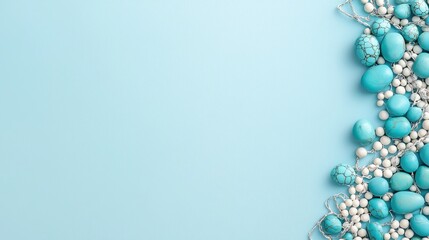 Stunning Turquoise Jewelry Display Against Light Blue Backdrop - Necklace, Earrings, Bracelets, and Pearls
