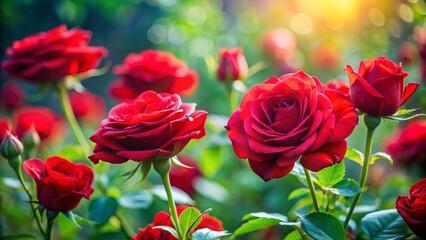 Close-Up Documentary Photography of Red Roses in Their Natural Habitat, Showcasing Elegance and Romantic Delicacy in Full Bloom with Intimate Details and Lush Greenery Surrounding