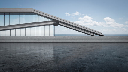 Abstract building with empty parking, concrete floor, and sea view. 3D rendering car scene background.