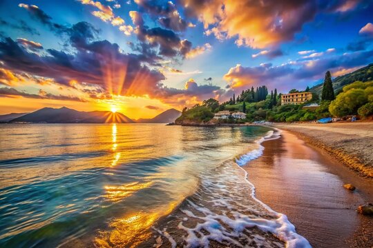 Breathtaking Sunrise Over Barbati Beach in Corfu, Greece with Vibrant Colors and Serene Waves, Perfect for Travel and Nature Photography Enthusiasts