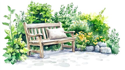 Obraz premium Watercolor Illustration of a Wooden Bench Surrounded by Lush Greenery