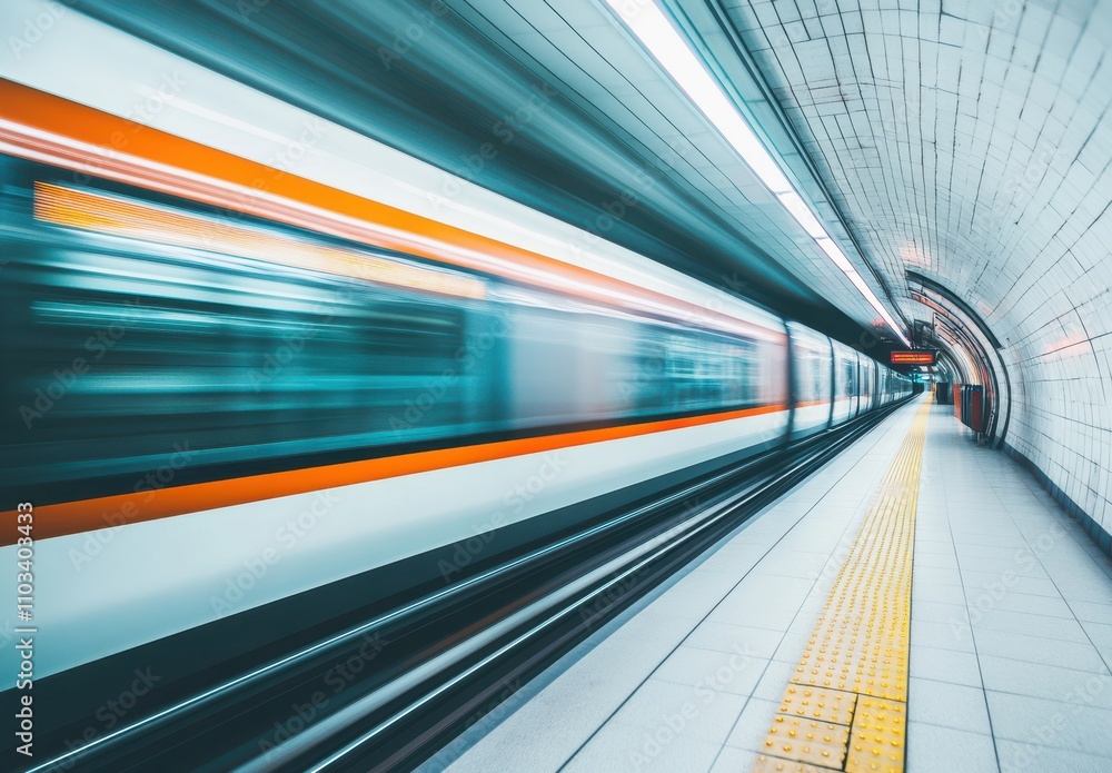 Poster fast-moving subway train in urban station with blurred motion of the train and empty platform creati