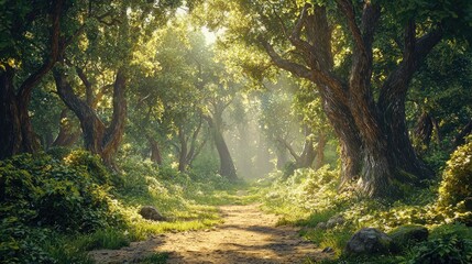 Naklejka premium Sunlit Path Through a Lush Green Forest