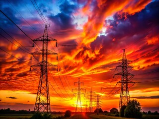 Fototapeta premium Breathtaking Surreal Sunset Behind Power Lines: Capturing the Harmony Between Nature and Man-Made Structures in a Dreamlike Landscape