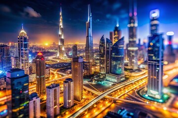 Fototapeta premium Breathtaking Tilt-Shift Photography of Dubai's Nighttime Skyline Capturing the Vibrant Lights and Architectural Marvels of the City Against a Starry Sky