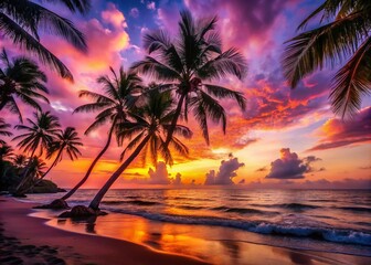 Breathtaking Tropical Sunset: Tranquil Beach Scene with Silhouetted Palms and Vibrant Hues Reflecting on Water for Serene Escape and Vacation Vibes