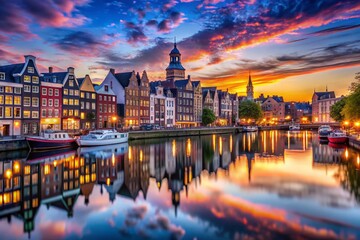 Naklejka premium Breathtaking Twilight Cityscape with City Lights Reflecting in Serene Water, Capturing the Beauty of Urban Landscapes at Dusk in Stunning Detail