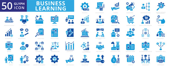 Business learning icon set of safety, distributor, design, education, marketing, finance, student, law, training, leadership, corporate, management, company, partnership, profit, manufacturing, study
