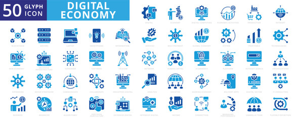 Digital economy icon set of platform, blockchain, advanced, internet, production, business, hardware, network, ecommerce, telecom, services, laptop, mobile, strategy, connection, system, income, it